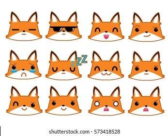 Kawaii japanese style. Set of funny fox emoticons - smiling red foxes with different emotions from happiness to angry. Can be used for logos, icons, signs, avatars, web decor, other design