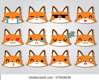 Kawaii japanese style. Set of funny fox emoticons - smiling red foxes with different emotions from happiness to angry. Can be used for logos, icons, signs, avatars, web decor, other design