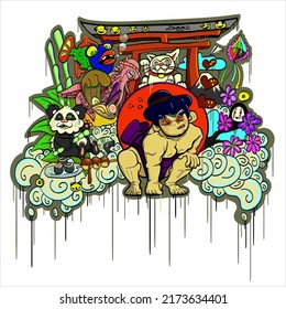 Kawaii japanese, sumo, maneki-neko, onigiri, sushi, octopus, fish, panda. Doodle graffiti style. Cute cartoon vector illustration.