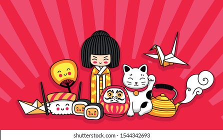 Kawaii japanese symbols. Cute cartoon concept for t-shirt, print, poster, postcard, souvenir, notebook. 