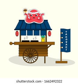 Kawaii Japanese Takoyaki hawker stall and smiley red octopus with Japan restaurant flag on beige background