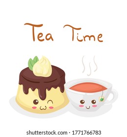 Kawaii Jelly Pudding & Cup of Tea vector characters isolated on white background. Funny happy & smiling Panna Cotta cake with chocolate topping. Cute yummy food mascot illustration. Kids menu concept.