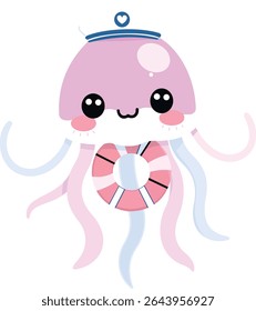 Kawaii Jellyfish Character with Waving Tentacles, Sailor Hat, and Tiny Lifebuoy