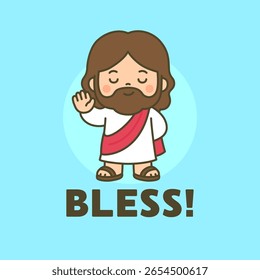 kawaii Jesus Smiling with Raised Hand and Bless Text on Blue Circle Background Vector Illustration for sticker or sunday school