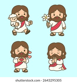 Kawaii Jesus em vários pose, sheperd e cordeiro, jesus oferecer lírio flor, fazer mão assinar amor, oração 