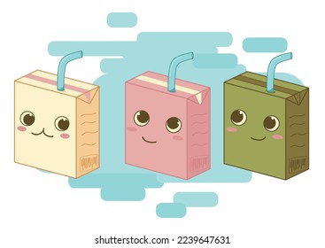 Kawaii juice packet with emotions. Big eyes shy mascot characters set. Asian food, asian drink in doodle style