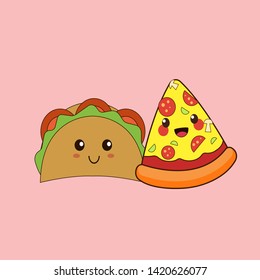 Kawaii junk food couple vector illustration, Friendship day concept.