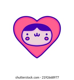 Kawaii kid in heart symbol, illustration for t-shirt, sticker, or apparel merchandise. With modern pop and retro style.
