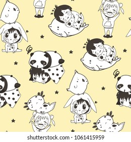 Kawaii Kids And Animals. Hand Drawn Vector Seamless Pattern