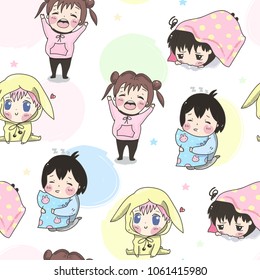 Kawaii kids. Hand drawn vector seamless pattern