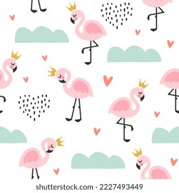 Kawaii kids pink flamingo baby seamless pattern background for children fabric and textile. Cute animal vector design with clouds, dashed abstract hearts.