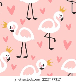 Kawaii kids pink flamingo baby seamless pattern background for children fabric and textile. Cute animal vector design with clouds, dashed scandinavian hearts.