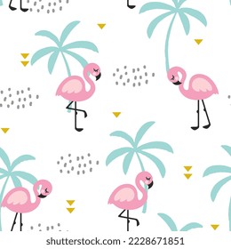 Niños kawaii flamingo rosa bebé y palmas de menta fondo de patrón sin costura para tela infantil y textil. Diseño de vectores animales.