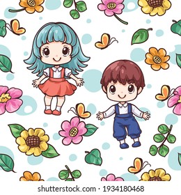 niños kawaii Patrón de Seamless. Un niño, una chica con flores y hojas, mariposas y fondo de un punto de polka. Estilo de dibujos animados. Este diseño debe ser decorado para medios impresos o digitales.