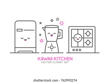 Kawaii kitchen appliances. Vector line template. Banner or flyer concept for kitchen shop, sale, advertising.
