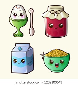 Kawaii Kitchen Set - Boiled Egg, Strawberry Jam Jar, Milk Pack, Сereal Dish. Illustration Of Tasty Food. Collection Of Cute Elements.