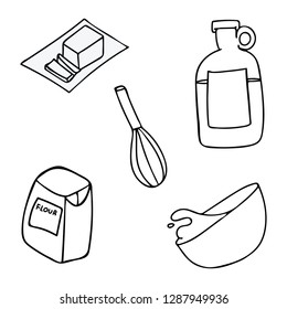 Kawaii kitchen tools lineart for baking. Hand drawn illustration of cute utensils for bakery. Mixing bowl, bottle of syrup, bag of flour, butter dish, whisk and stack for   Shrove Tuesday pancake day.