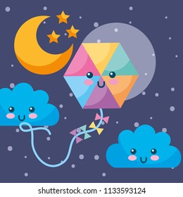 kawaii kite clouds moon stars night sky