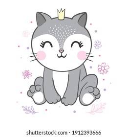 A kawaii kitten in a golden crown. Cute cartoon character. Vector illustration.