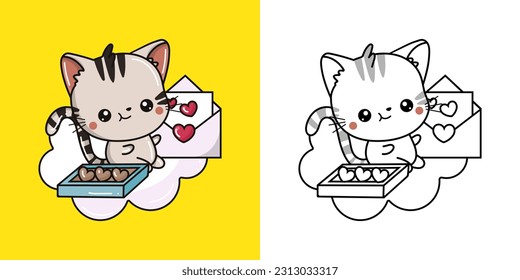 Kawaii Kitten Illustration and For Coloring Page. Funny Kawaii Cat. Vector Illustration of a Kawaii Animal for Stickers, Baby Shower, Coloring Pages, Prints for Clothes.
