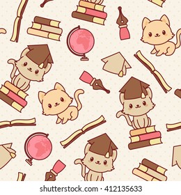 Kawaii kittens seamless wallpaper. Vector pattern. Education themed.