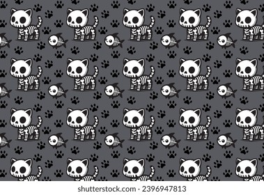 Kawaii Kitty Bones: Adorable Gothic Cat Skull Print for Textiles