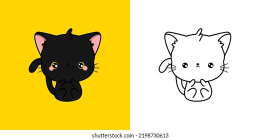 Kawaii Kitty Clipart Multicolored and Black and White. Cute Kawaii Bombay Cat. Vector Illustration of a Kawaii Animal for Stickers, Prints for Clothes, Baby Shower, Coloring Pages.
