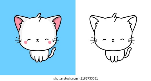 Kawaii Kitty Clipart Multicolored and Black and White. Cute Kawaii Turkish Angora Cat. Vector Illustration of a Kawaii Animal for Stickers, Prints for Clothes, Baby Shower, Coloring Pages.
