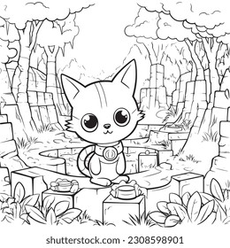 Kawaii Kitty exploring ancient ruins in a jungle filled with hidden treasures , Black and white coloring pages for kids, simple lines, vector style