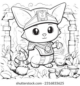 Kawaii Kitty exploring ancient ruins in a jungle filled with hidden treasures , Black and white coloring pages for kids, simple lines, vector style