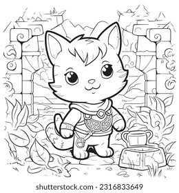 Kawaii Kitty exploring ancient ruins in a jungle filled with hidden treasures , Black and white coloring pages for kids, simple lines, vector style