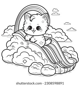 Kawaii Kitty riding a rainbow slide down into a land of enchantment , Black and white coloring pages for kids, simple lines, vector style