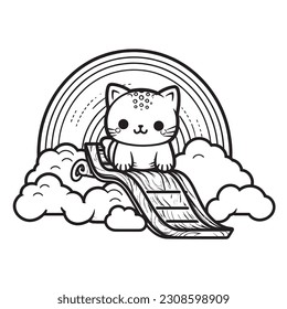 Kawaii Kitty riding a rainbow slide down into a land of enchantment , Black and white coloring pages for kids, simple lines, vector style