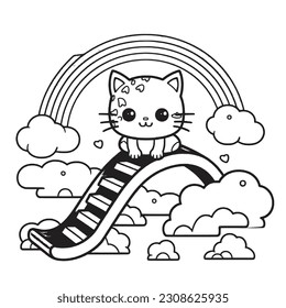 Kawaii Kitty reitet auf einem Regenbogen in ein Land der Zauberei , Schwarzweiß-Farbseiten für Kinder, einfache Linien, Vektorstil