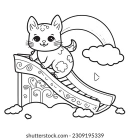 Kawaii Kitty riding a rainbow slide down into a land of enchantment , Black and white coloring pages for kids, simple lines, vector style
