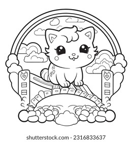 Kawaii Kitty riding a rainbow slide down into a land of enchantment , Black and white coloring pages for kids, simple lines, vector style