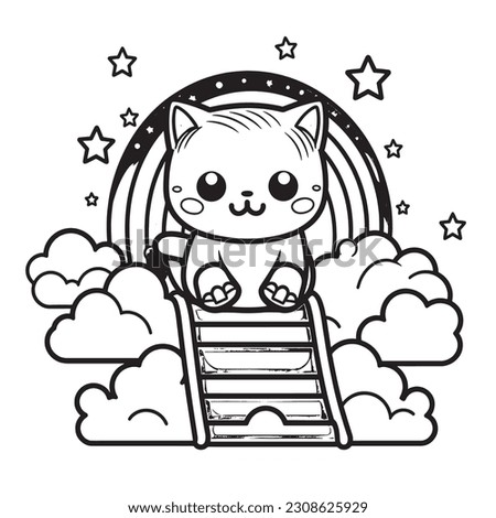 Kawaii Kitty riding a rainbow slide down into a land of enchantment , Black and white coloring pages for kids, simple lines, vector style