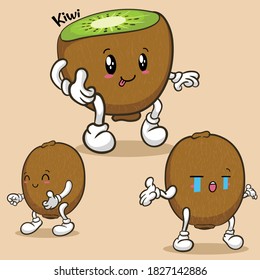 Kawaii kiwi characters vector. use them as stickers, patterns, t-shirt designs,fruit logo, all printed media, cartoons, etc