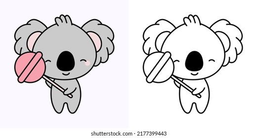 Kawaii Koala Clipart Multicolored and Black and White. Cute Kawaii Koala. Vector Illustration of a Kawaii Animal for Stickers, Prints for Clothes, Baby Shower, Coloring Pages.  svg