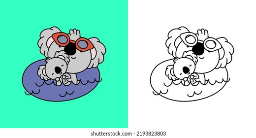 Kawaii Koala Sportsman Clipart Multicolored and Black and White. Cute Kawaii Animal Sportsman. Vector Illustration of a Kawaii Animal for Stickers, Prints for Clothes, Baby Shower, Coloring Pages.
 svg