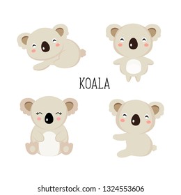 Kawaii koalas en una pose diferente. Ilustración vectorial.