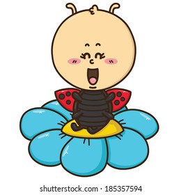 kawaii ladybug. Vector illustration of happy cartoon Ladybug on flower