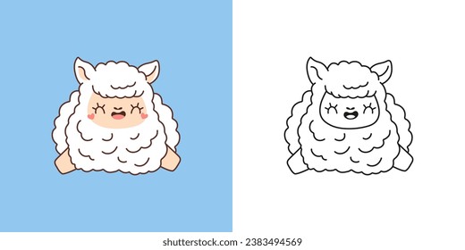 Kawaii Lama Multicolored and Black and White. Beautiful Isolated Llama. Funny Vector Illustration of a Kawaii Baby Animal for Prints for Clothes, Stickers, Baby Shower. 