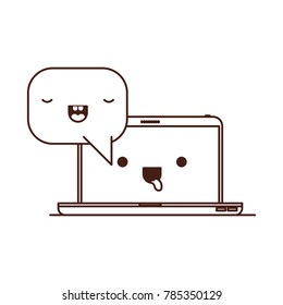 kawaii laptop computer with kawaii speech dialogue in monochrome silhouette