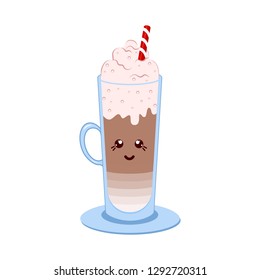Kawaii Latte or cappuccino coffee. Cute cafe drinks. Vector coffee cups with happy face.