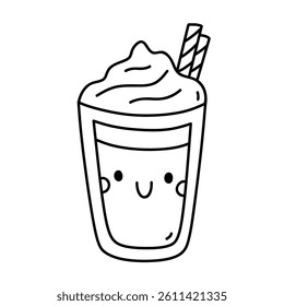 Kawaii latte cup isolated on a white background. Vector hand-drawn illustration in doodle style. Cute character. Perfect for cards, decorations, stickers, logo, various designs.