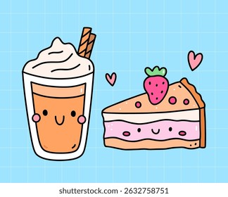 Kawaii latte cup and strawberry cake on a blue background. Vector hand-drawn illustration in doodle style. Cute characters. Perfect for cards, decorations, stickers, menu, various designs.