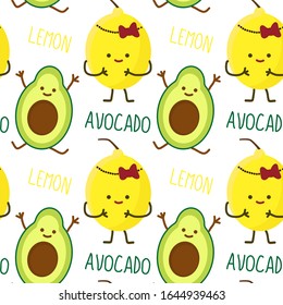kawaii lemon and avocado seamless pattern set with face expression on green color background vector illustration. Hand drawn lettering with names of fruits. Concept of joy and happiness.