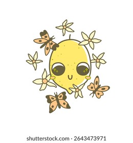 Kawaii Lemon character with big eyes, surrounded with flowers and butterflies. Cute cartoon vector illustration with citrus fruit.