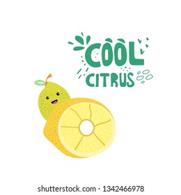 Kawaii lemon character hand drawn illustration. Cool citrus stylized lettering, typography. Refreshing drink slogan, phrase. Smiling fruit, citron, lime doodle drawing. T-shirt, banner, poster design